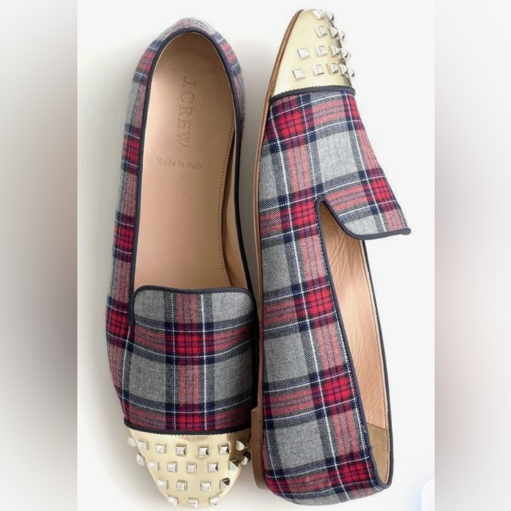 J. Crew Women's Plaid Gold studded Loafers